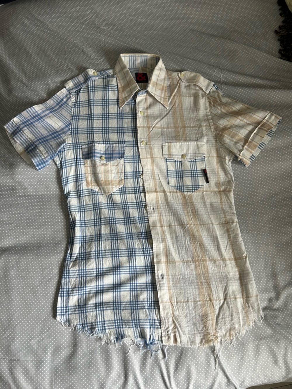 Dolce & Gabbana Split Plaid Short-Sleeve Shirt - Blue & Cream